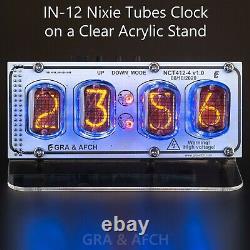 IN-12 Nixie Tubes Clock on Acrylic Stand with Sockets 12/24H Temp F/C 4 Tubes