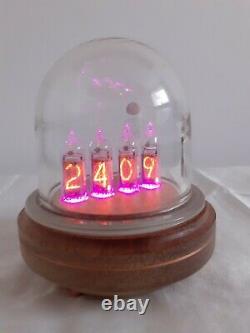 IN14 Nixie tubes Clock by Monjibox Nixie Glass Dome Oak base