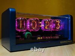 Nixie Alarm Clock 4xIN-12 & blue metallic aluminum case & pink LED