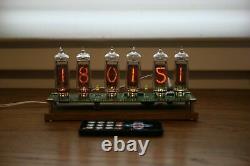 Nixie tube clock with IN-14 tubes and oak stand Remote Temperature Date