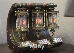 Steampunk Nixie clock tube wood, vegetable tanning leather, brass, bronze, in-14